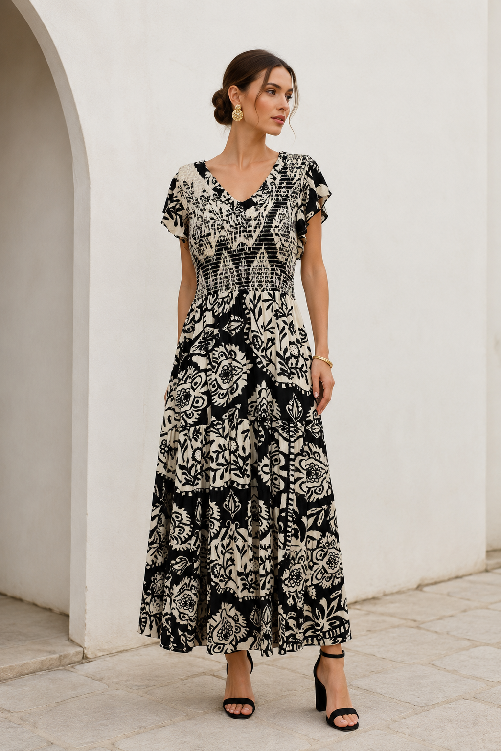 Vestidos Para Mujer Largo Floreado con Olanes S63104 Negro/Hueso