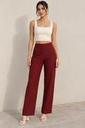 Pantalones Para Mujer De Tejido Texturizado Corte Recto Y Cintura Alta W63120 Vino