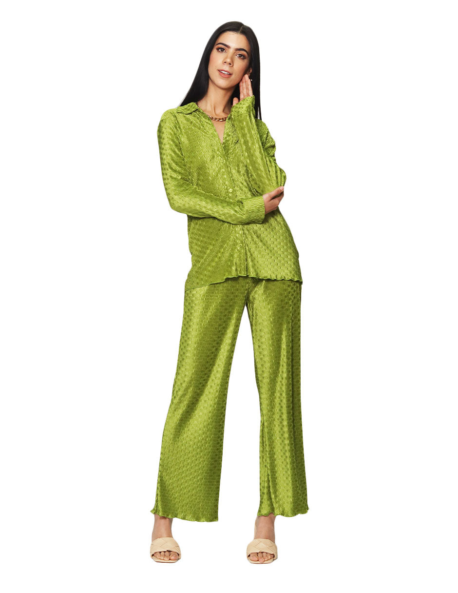 Pantalones Para Mujer Corrugado De Tiro Alto Comodo Wide Leg W41100 Verde