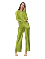 Pantalones Para Mujer Corrugado De Tiro Alto Comodo Wide Leg W41100 Verde