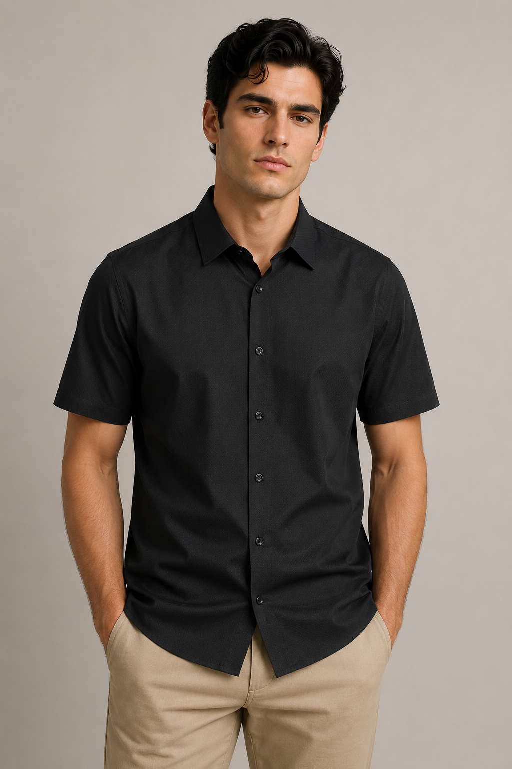 Camisa para Hombre Manga Corta Jacquard Sin Costura Antiarrugas B61451 Negro