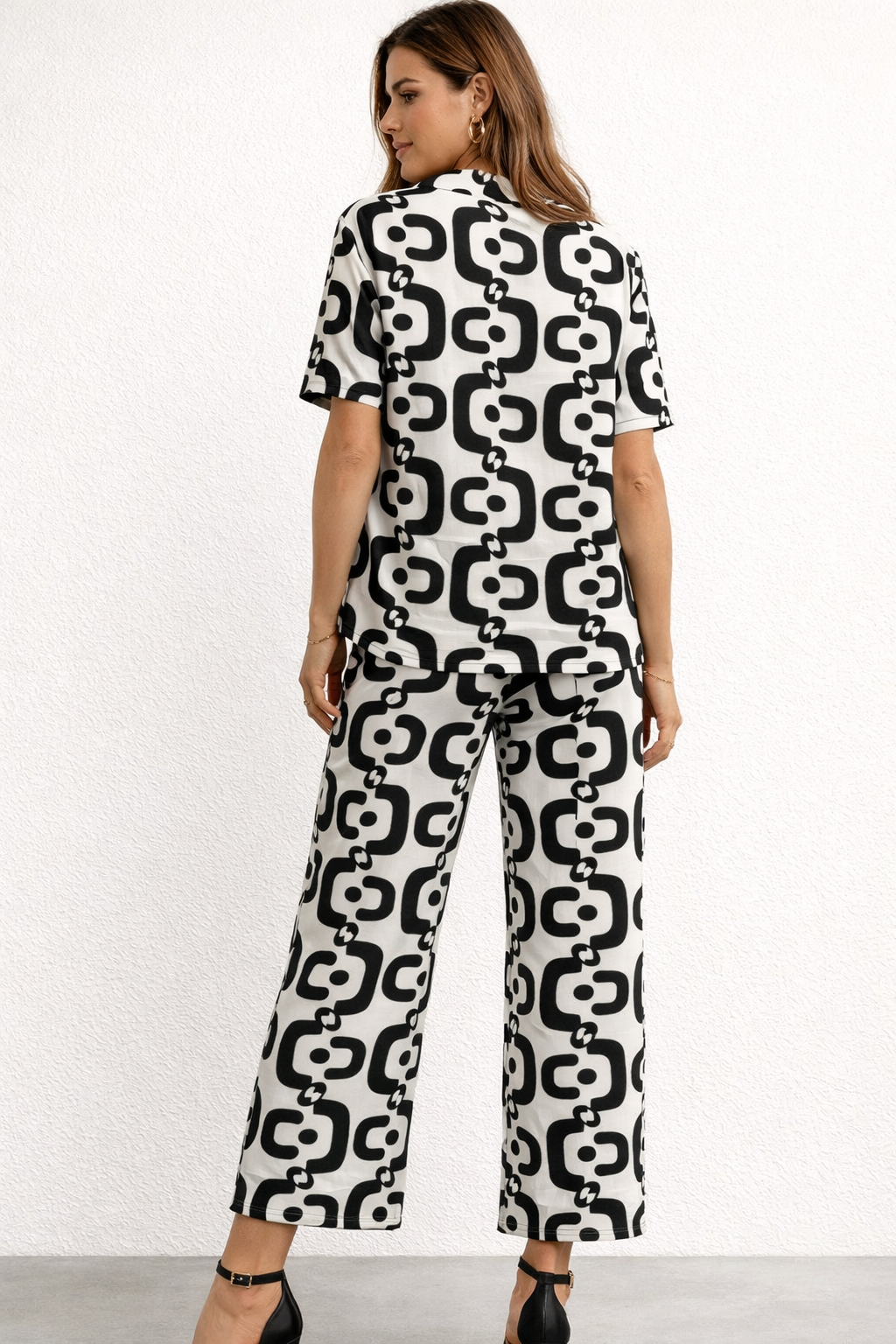 Pantalones Para Mujer Ligero Estampado Con Elastico W61126 Negro