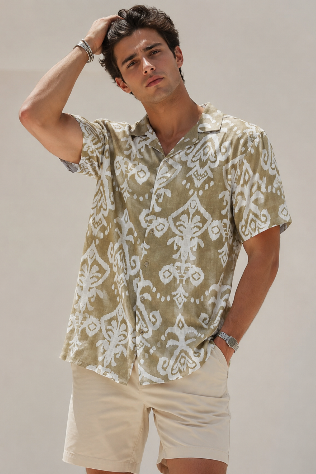 Camisas Para Hombre Manga Corta Estampada Para Playa B61554 Beige