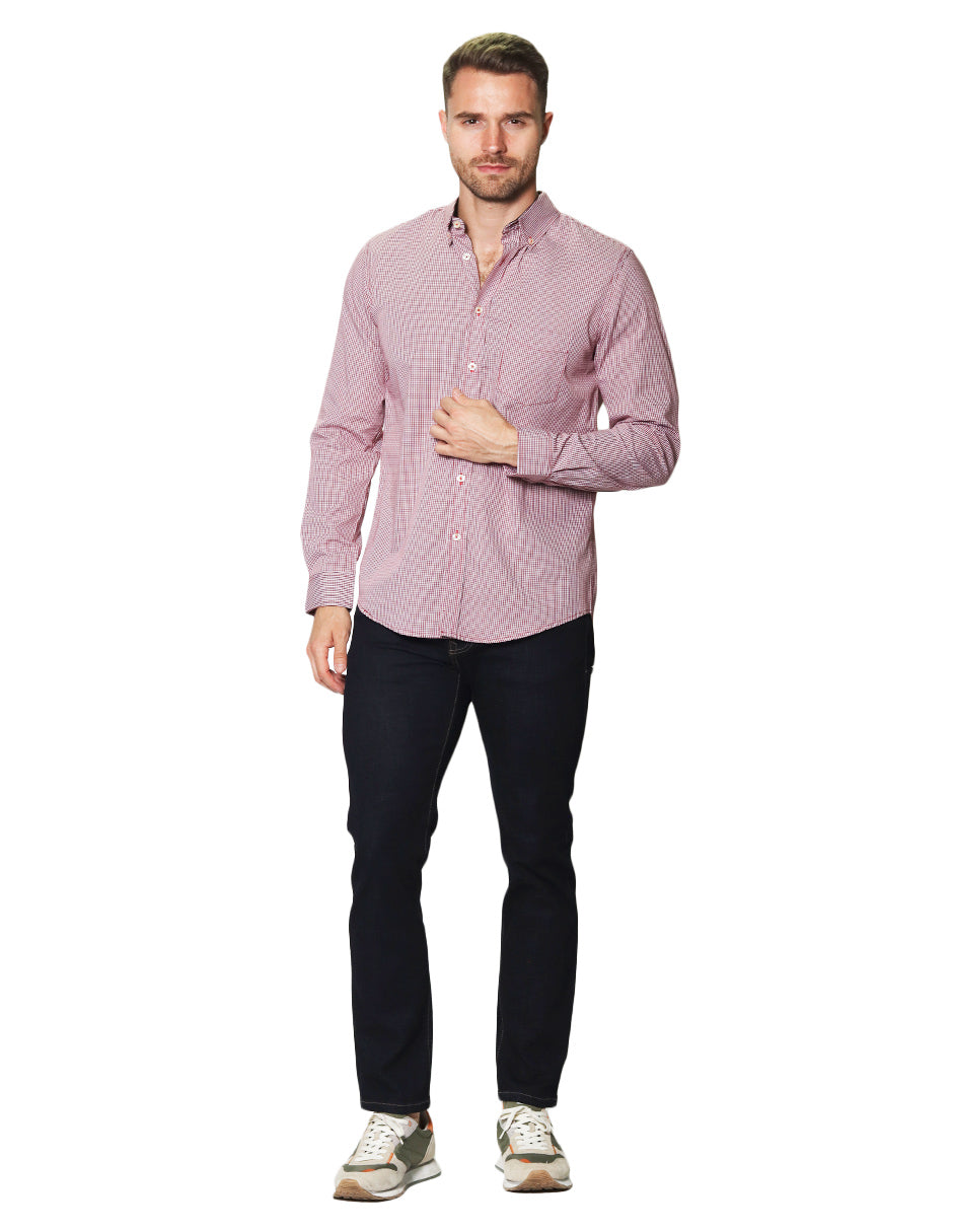 Camisas Para Hombre Manga Larga Micro Cuadros B45202 Vino