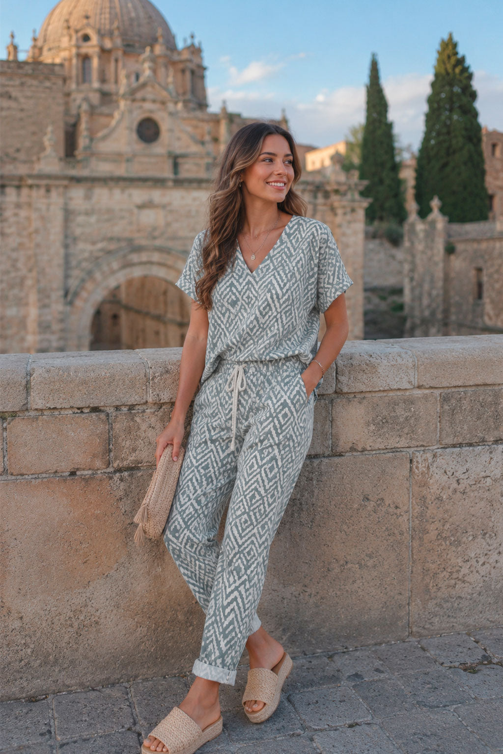 Pantalones Para Mujer Con Resorte y Jareta Étnico W61125 Azul