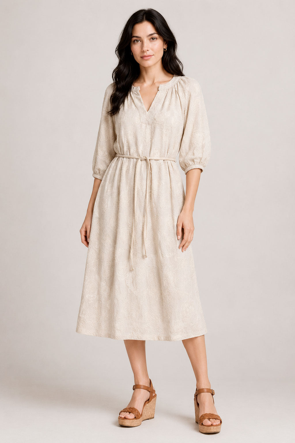 Vestidos Para Mujer Manga Ranglan Bordado Con Cinto S61119 Natural