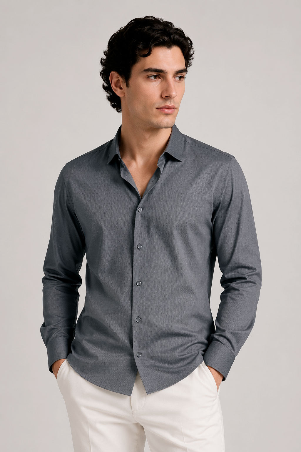 Camisas Para Hombre Super Stretch Jacquard Sin Arrugas B55404 Gris