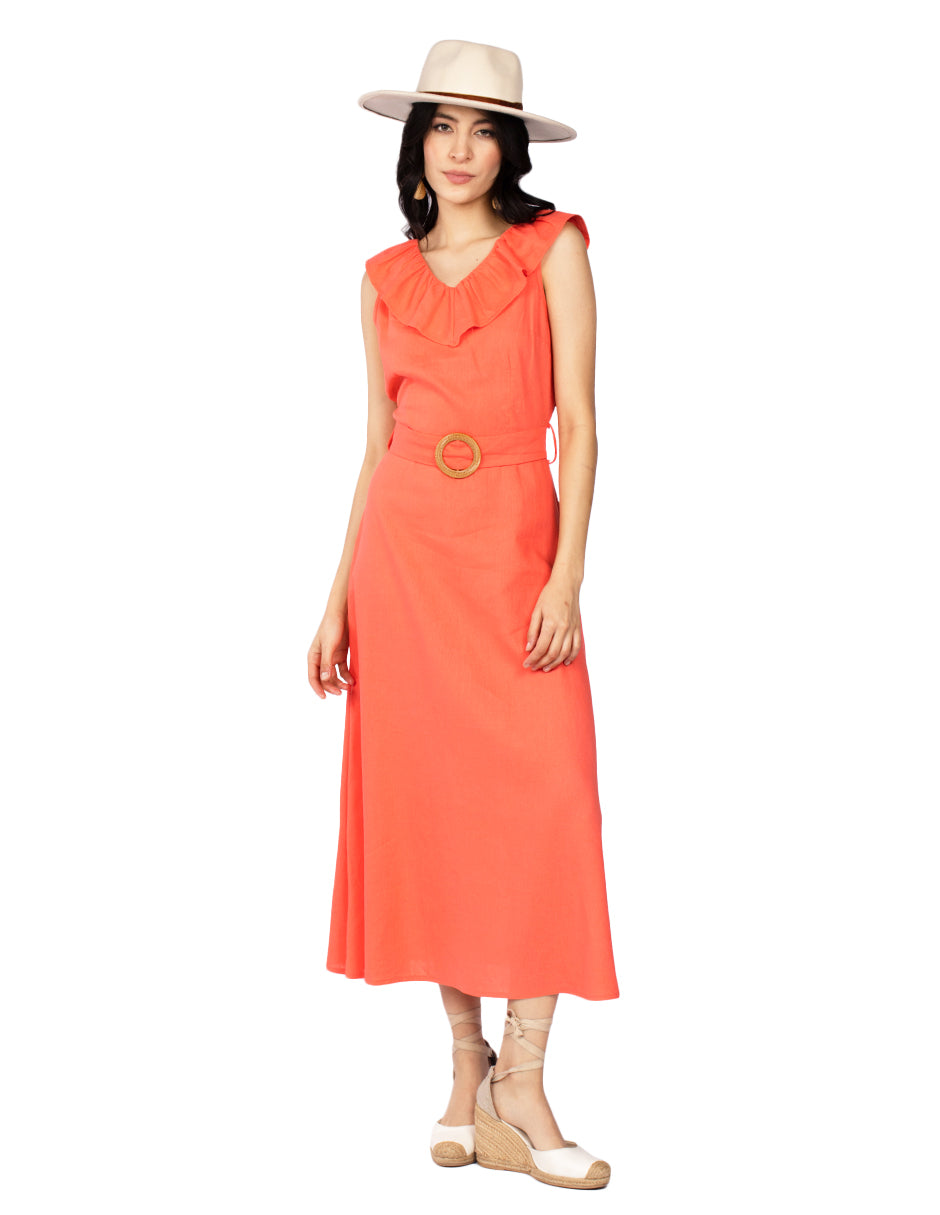 Vestidos Para Mujer Con Cinto Estilo Lino S51114 Coral