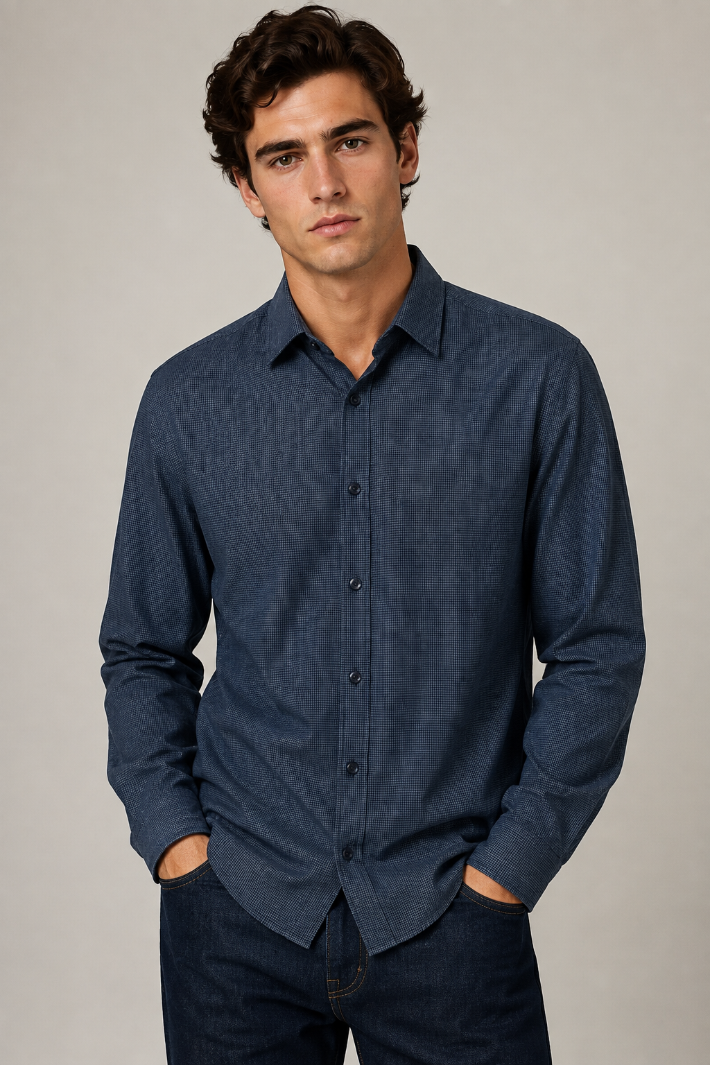 Camisas Para Hombre Manga Larga Cuadros B45307 Indigo