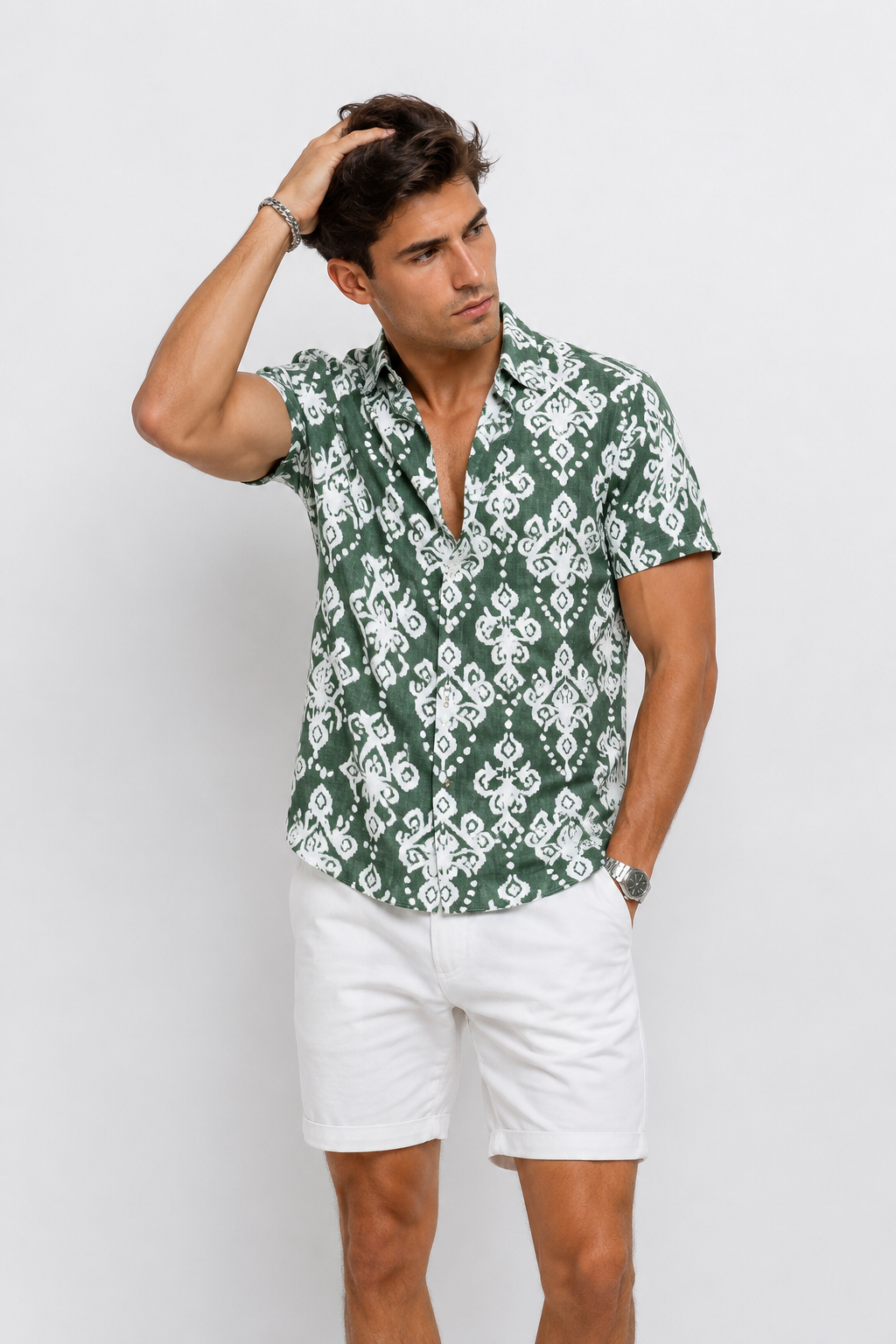 Camisas Para Hombre Manga Corta Estampada Para Playa B61554 Verde