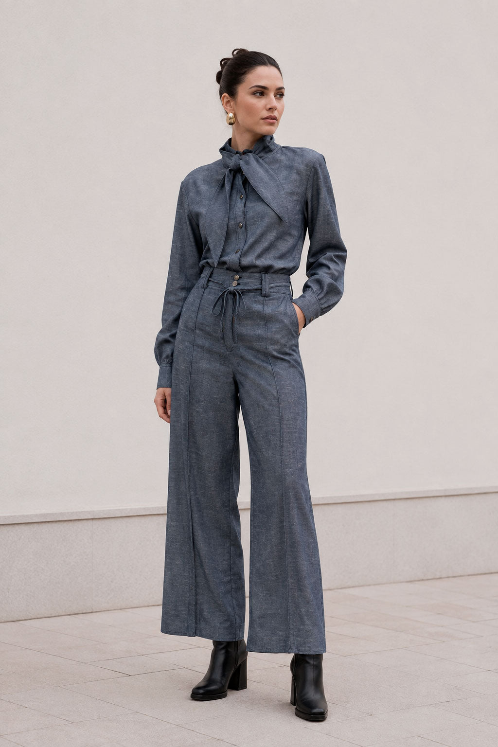 Pantalones Para Mujer De Pierna Recta Con Pespunte Cintura Ajustable W63116 Denim