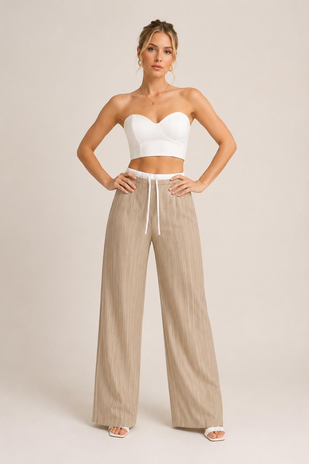 Pantalones Para Mujer De Rayas Cintura Doble W61100 Beige