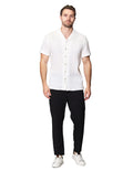 Camisas Para Hombre Bobois Moda Casuales Corrugada De Manga Corta De Cuello Abierto Relaxed Fit B41377 Blanco