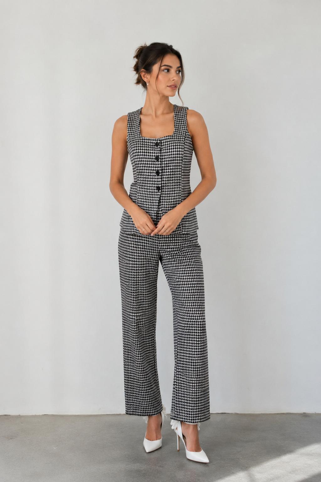 Pantalones Para Mujer Recto Pata De Gallo Con Pespunte W53111 Blanco