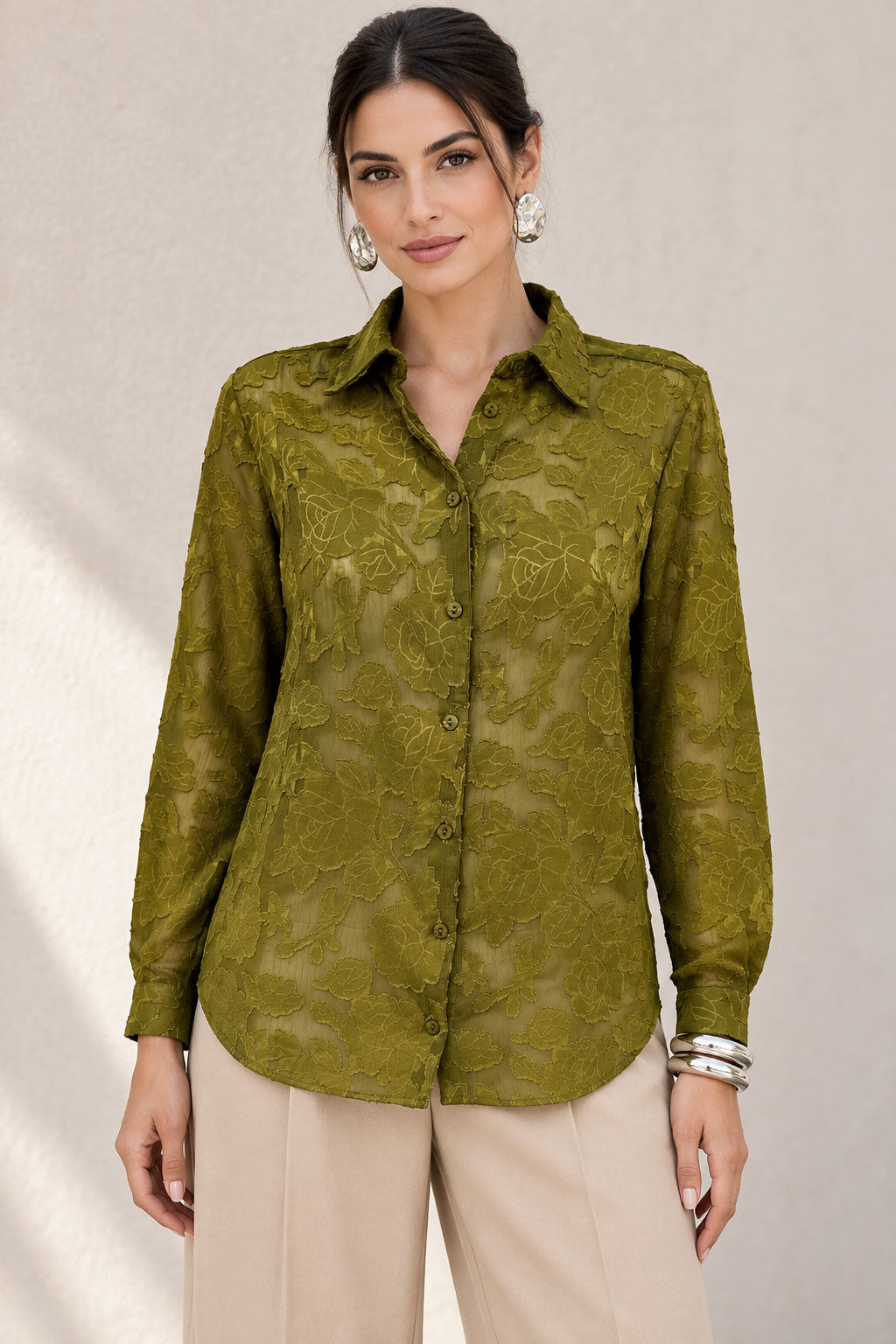 Blusas Para Mujer Jacquard Con Transparencia Y Diseño Floral N63107 Verde