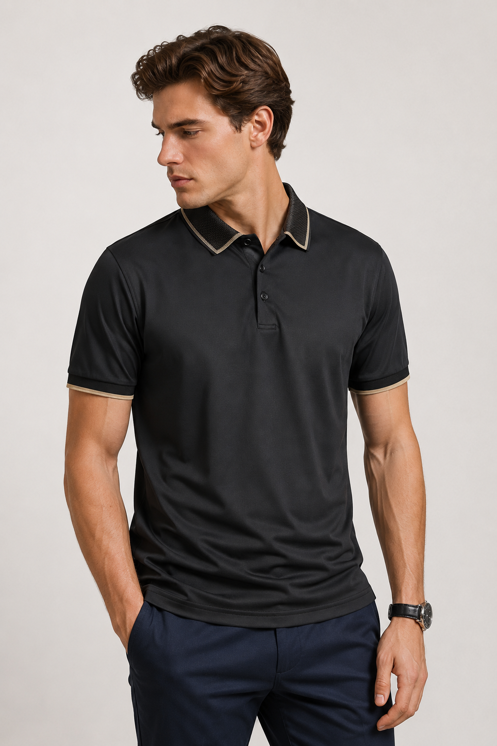 Playeras Polo Para Hombre Microperforada Super Stretch Detalles Contrastantes A65410 Negro