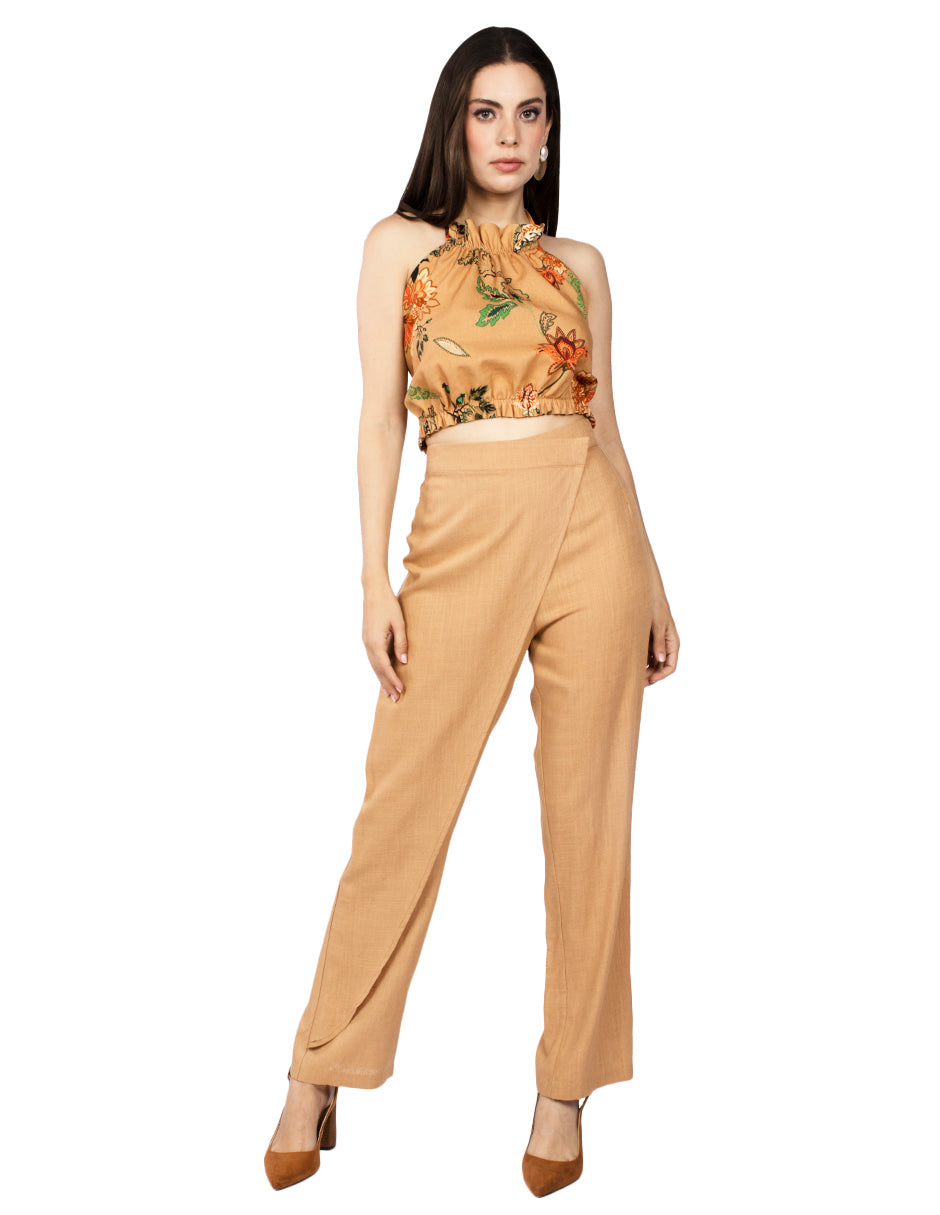Pantalones Para Mujer Tipo Lino Asimetrico W51113 Camel