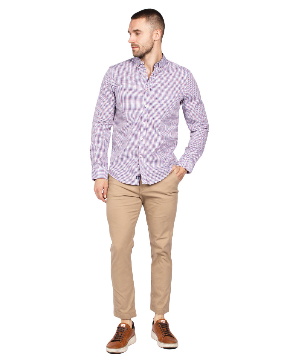 Camisas Para Hombre Manga Larga Micro Cuadros B45212 Vino