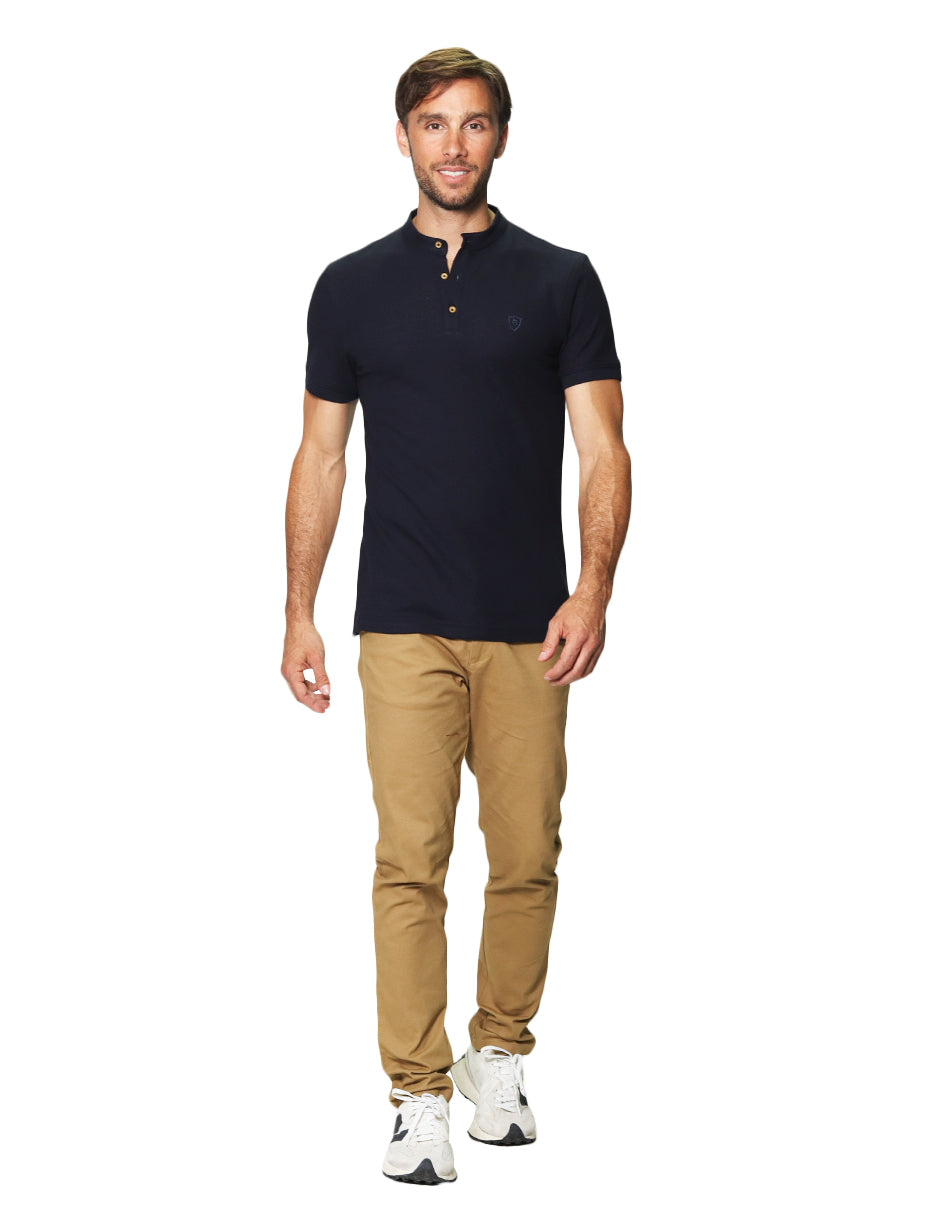 Playeras Polo Para Hombre De Manga Corta Lisa Basica Con Logo Bordado Cuello Mao Slim Fit APCMAB Marino