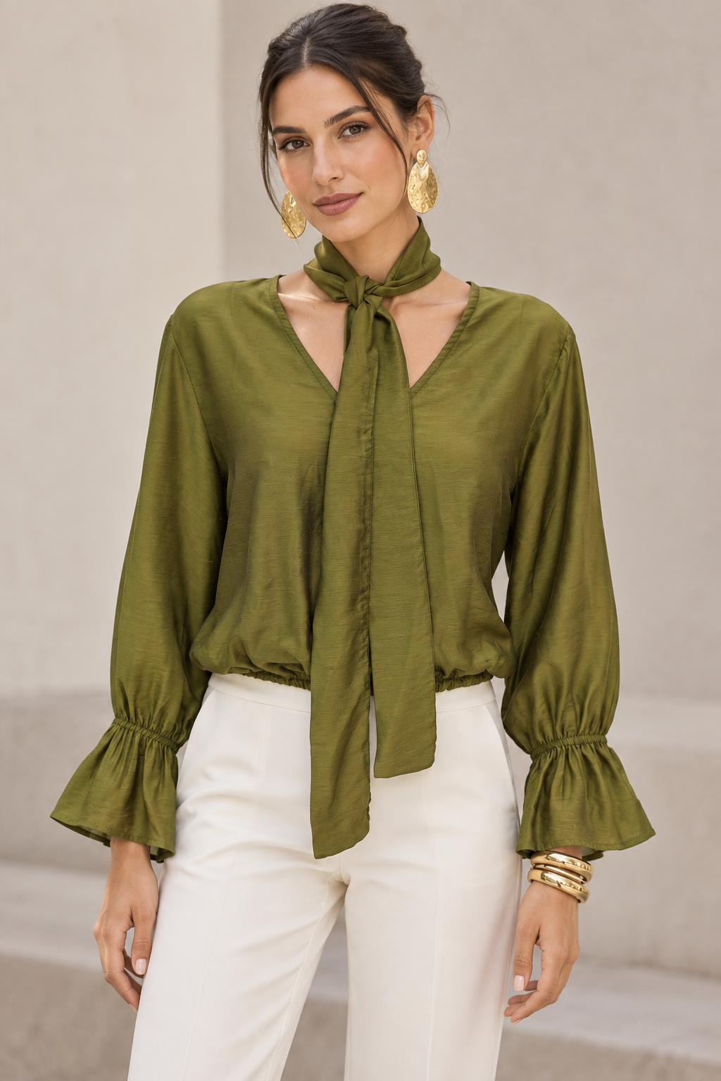 Blusas Para Mujer Con Lazo Al Cuello, Escote En V Y Manga Larga Con Olanes N63130 Verde