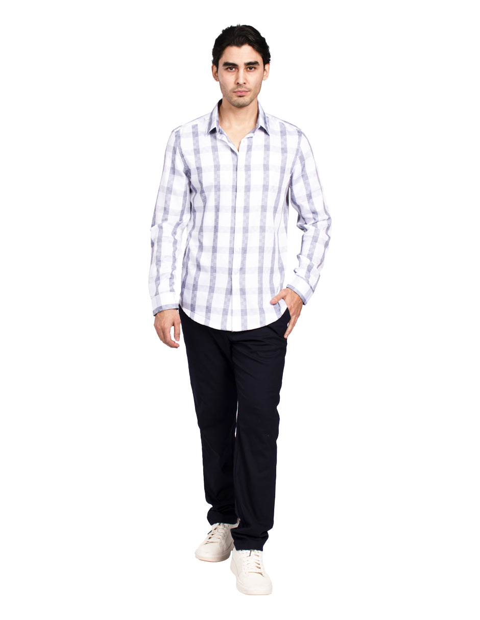 Camisas Para Hombre Manga Larga Bambú Cuadros B51335 Blanco