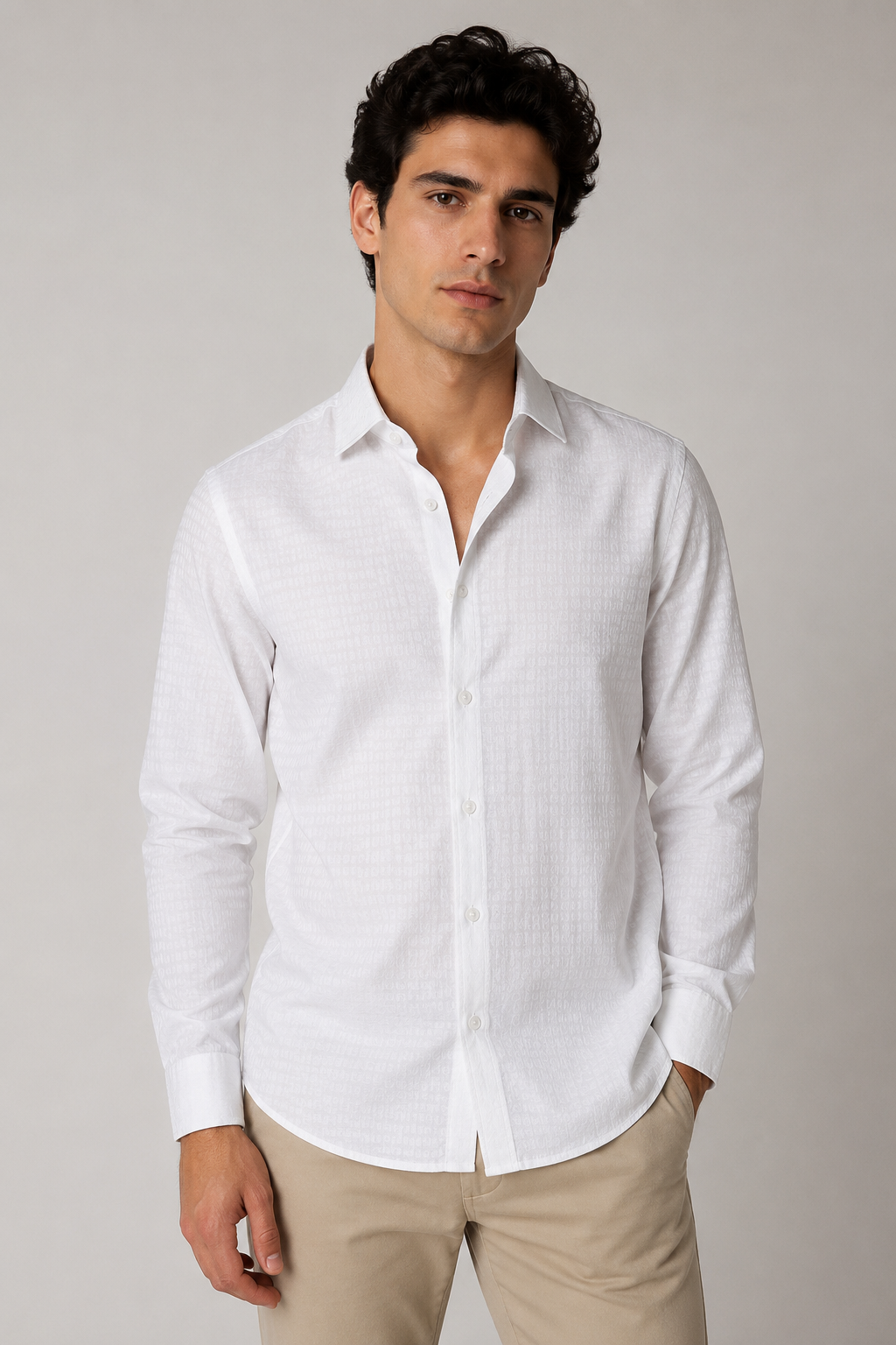Camisas Para Hombre Manga Larga Jacquard Satinada B65408 Blanco