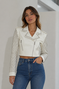 Chamarras Para Mujer Biker Estoperoles Plateados Q43201 Crema