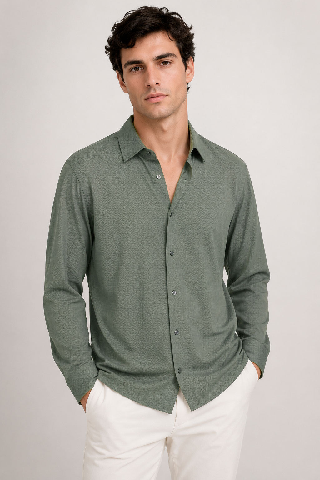 Camisas Para Hombre Super Stretch Jacquard Sin Arrugas B55404 Olivo