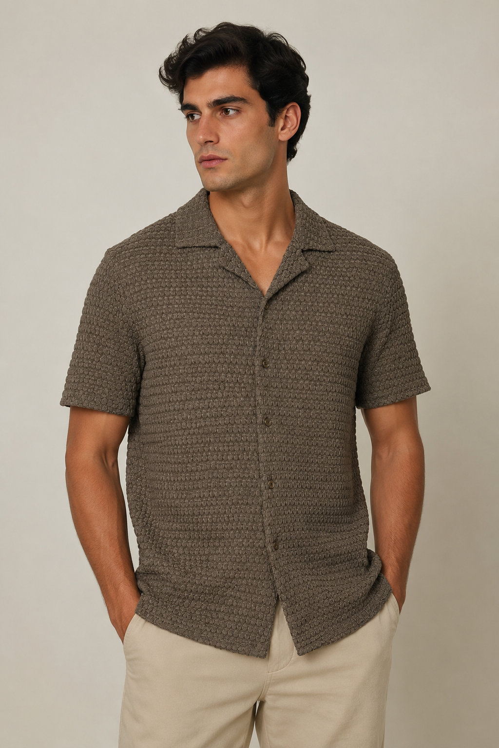 Camisas Para Hombre Manga Corta Tejido Punto B65458 Café