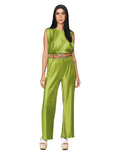 Pantalones Para Mujer Bobois Moda Casuales Corrugado De Tiro Alto Comodo De Pierna Ancha Wide Leg W41100 Verde