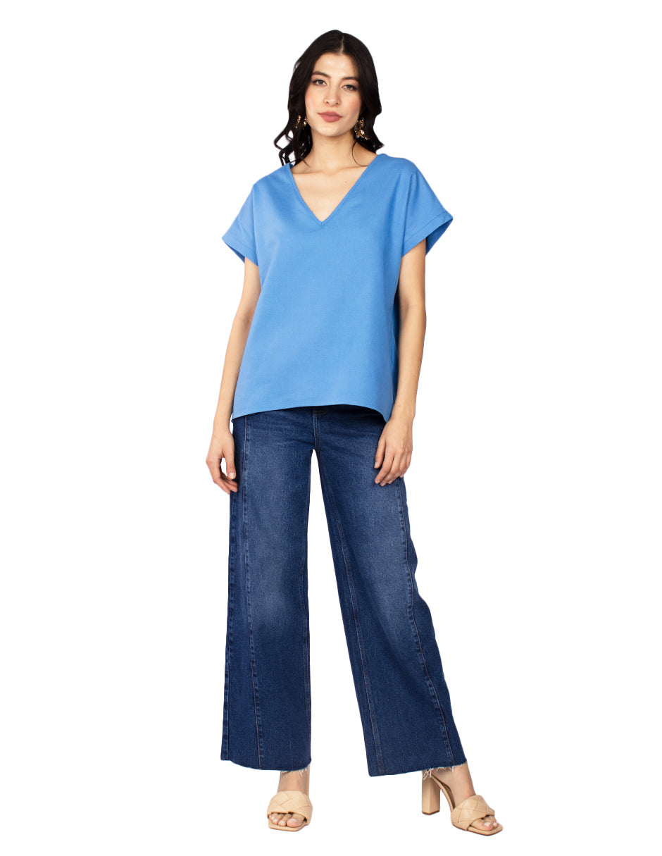 Blusas Para Mujer Tipo Lino Basico Ovesize N51154 Azul