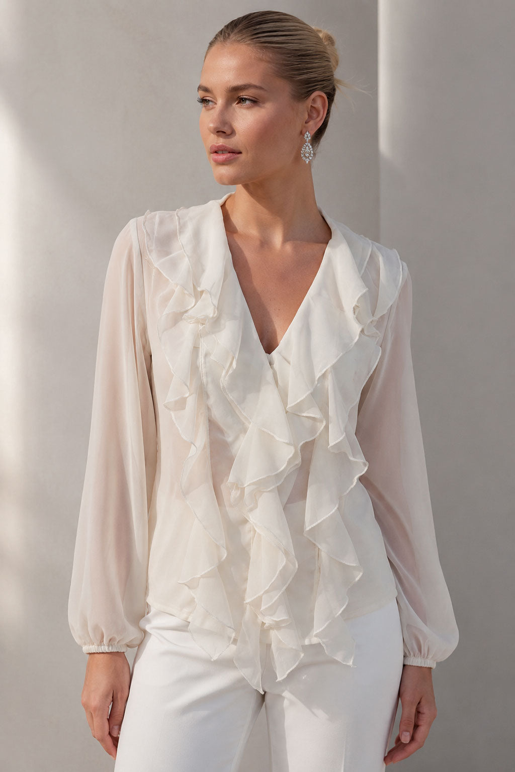 Blusas Para Mujer Chiffon Con Olanes N63101 Hueso