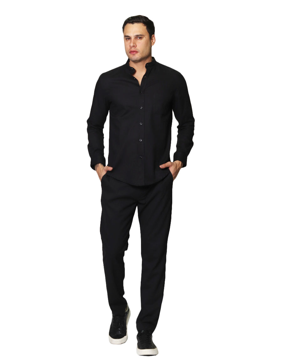 Camisas Para Hombre Bobois Moda Casuales Jackard De Manga Larga Cuello Mao Con Bolsillo Regular Fit B41302 Negro