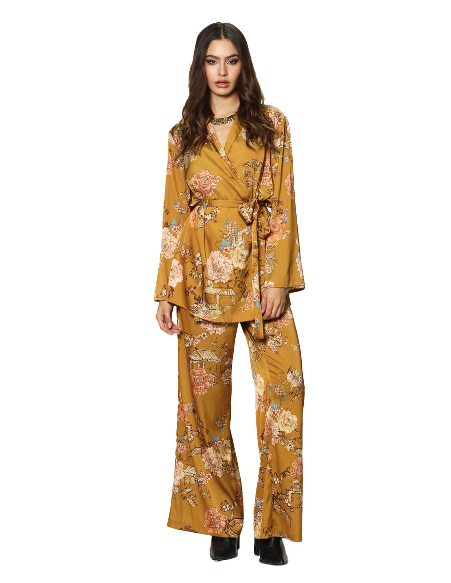 Pantalones Para Mujer Bobois Moda Casuales Santinado Estilo Japones Acampanado Amplio Con Estampado Floral W33107 Ocre