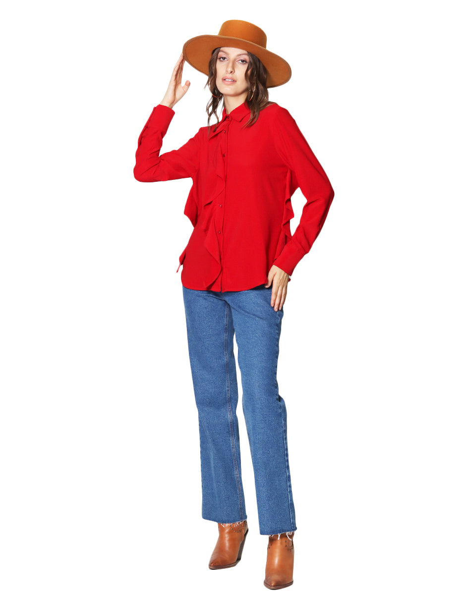 Blusas Para Mujer Camisera Satinada Con Olanes N43122 Rojo