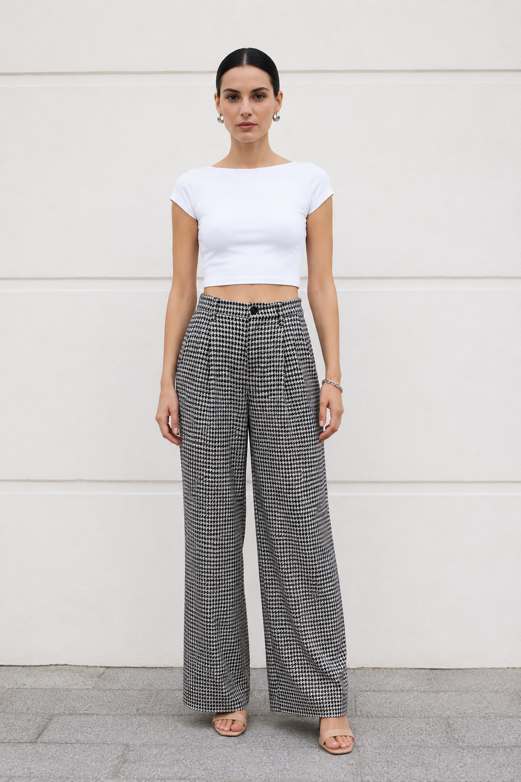 Pantalones Para Mujer Pata De Gallo Con Pinzas W53112 Blanco
