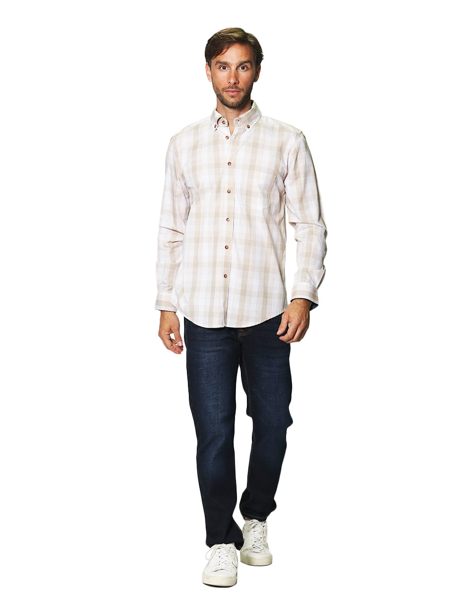 Camisas Para Hombre Manga Larga Cuadros B45105 Beige