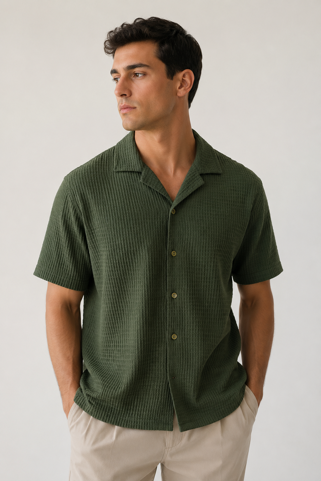 Camisas Para Hombre Manga Corta Tejido Tableado B65453 Militar