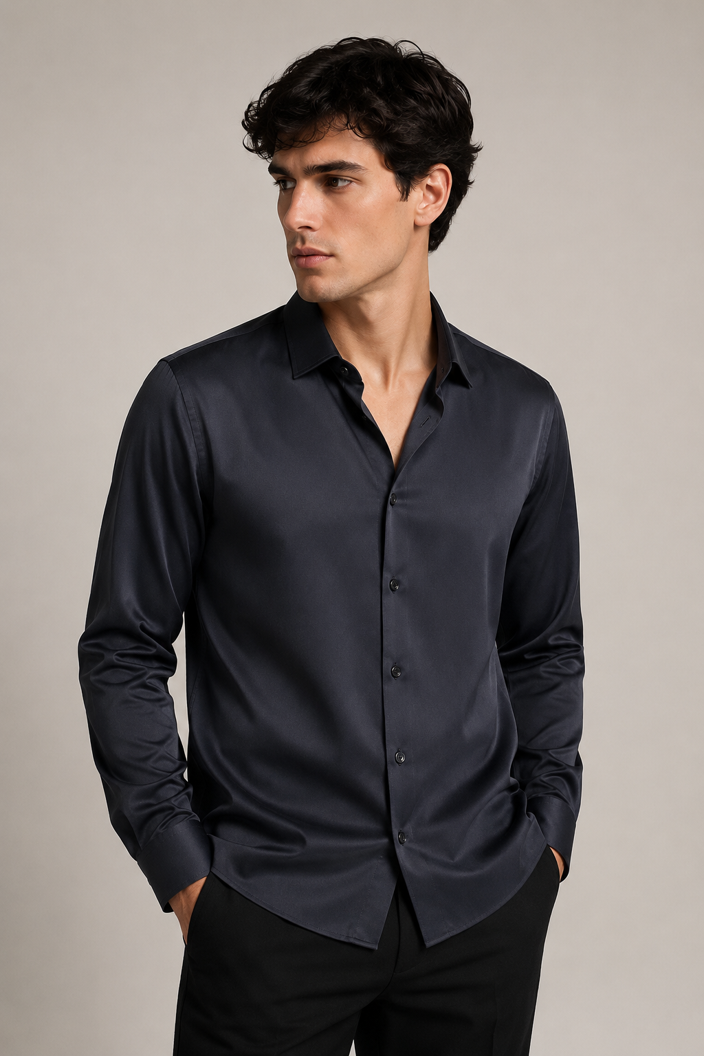 Camisas para Hombre Manga Larga Casual Formal de Tejido Suave B65411 Marino