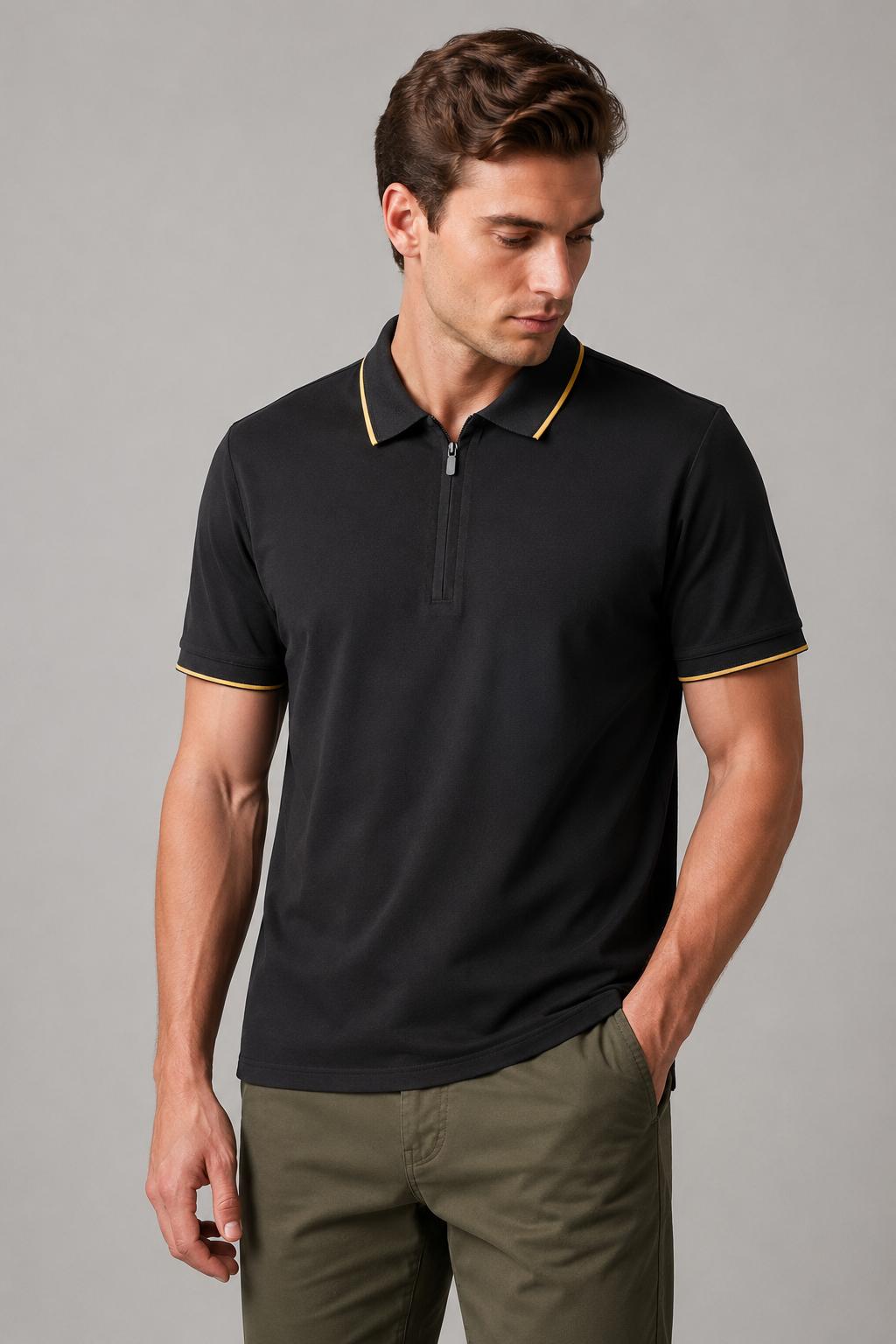 Playeras Polo Para Hombre Con Cierre Microperforada Super Stretch Detalles Contrastantes A65409 Negro