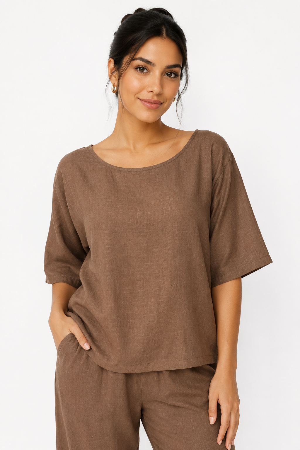 Blusas Para Mujer Cuello Barco Oversize Tipo Lino N61153 Cocoa