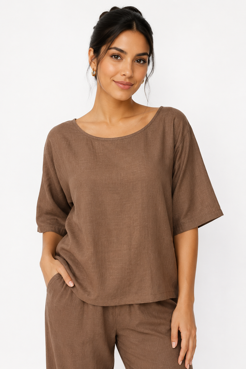 Blusas Para Mujer Cuello Barco Oversize Tipo Lino N61153 Cocoa
