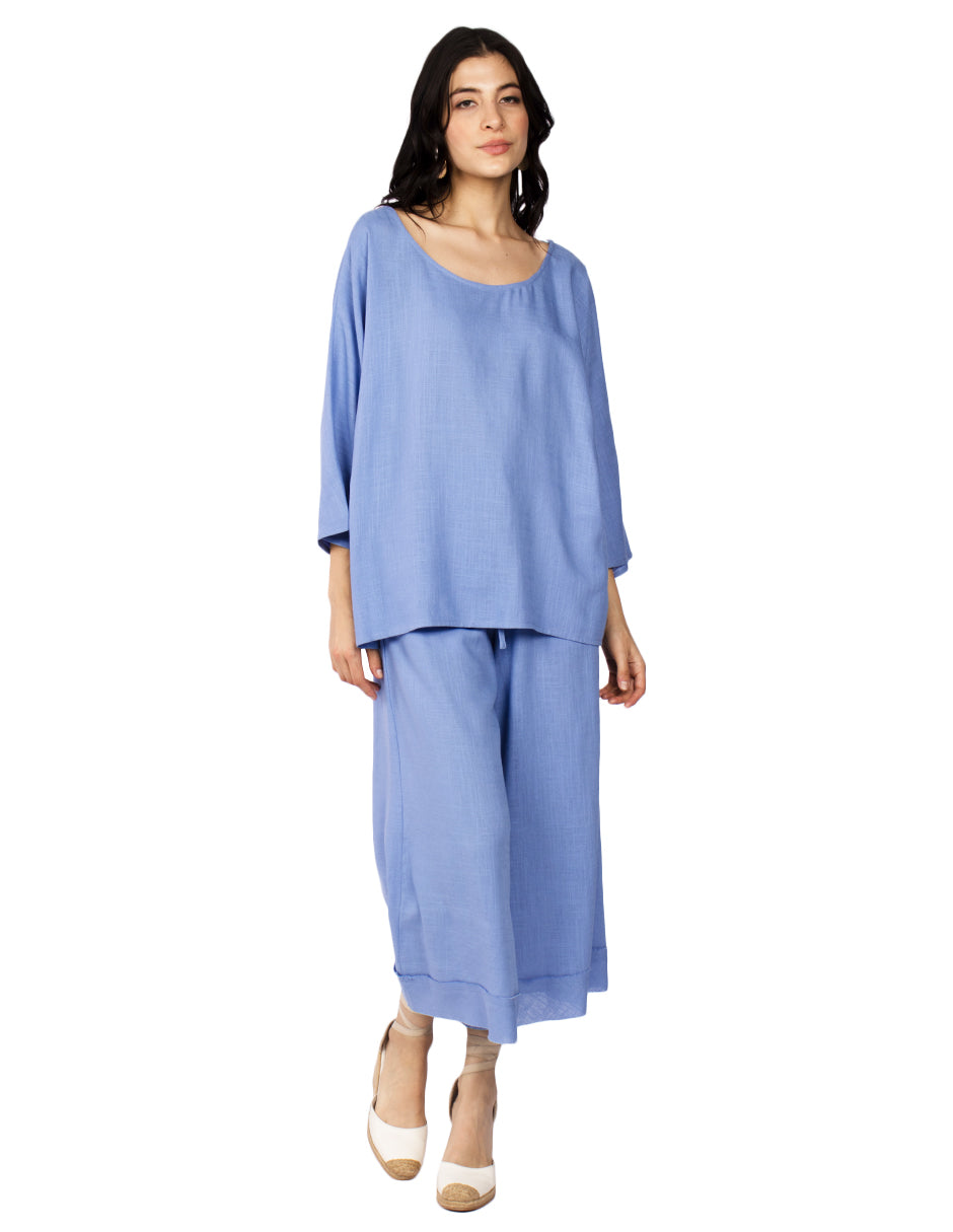 Blusas Para Mujer Bluson Manga 3/4 Tipo Lino N51147 Azul