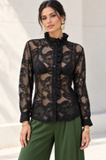 Blusas Para Mujer Camisera De Encaje Con Olanes N63105 Negro