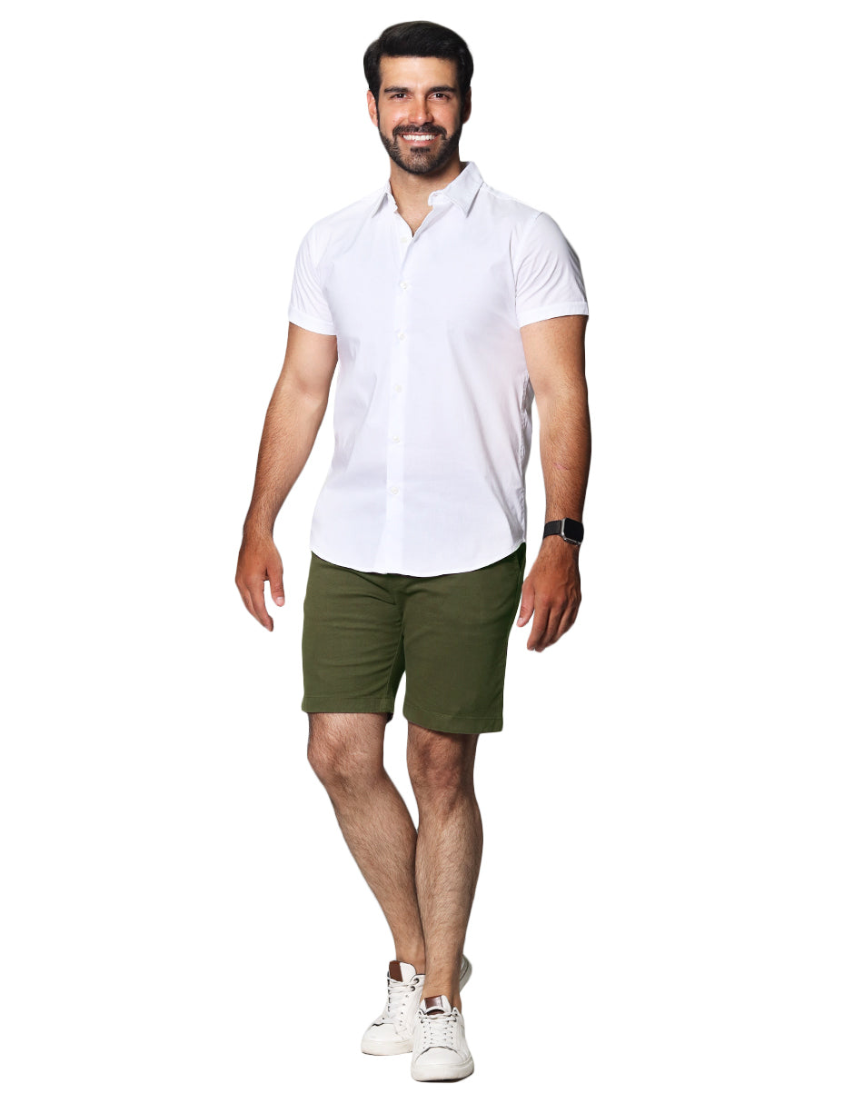 Camisas Para Hombre Lisa De Manga Corta Cuello Italiano Slim Fit BPOPMC Blanco
