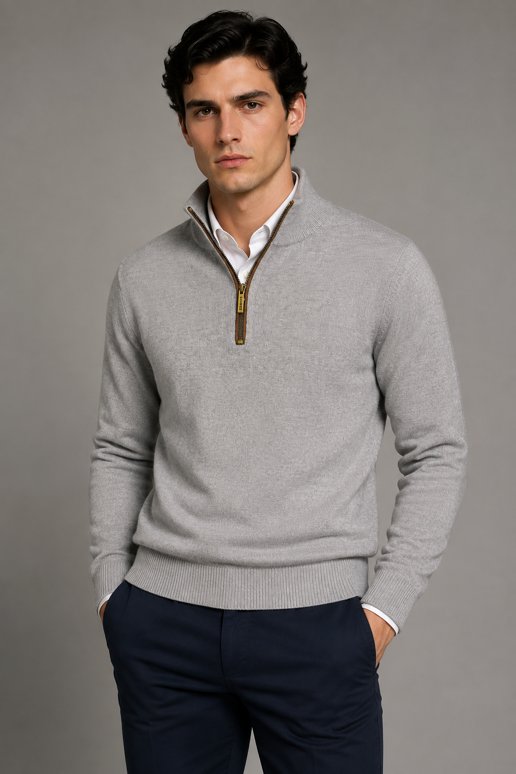 Suéteres Para Hombre Cuello Alto y Cremallera De Punto Fino E65302 Gris