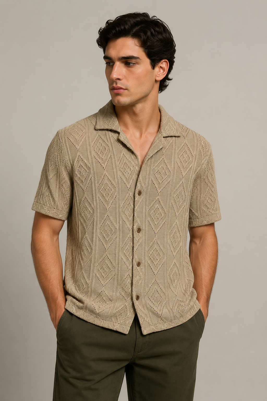 Camisas Para Hombre Manga Corta Tejida Diseño Rombos B65455 Kaki