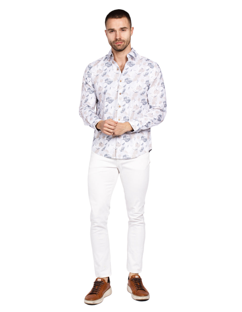 Camisas Para Hombre Estampada Tipo Lino B51328 Beige