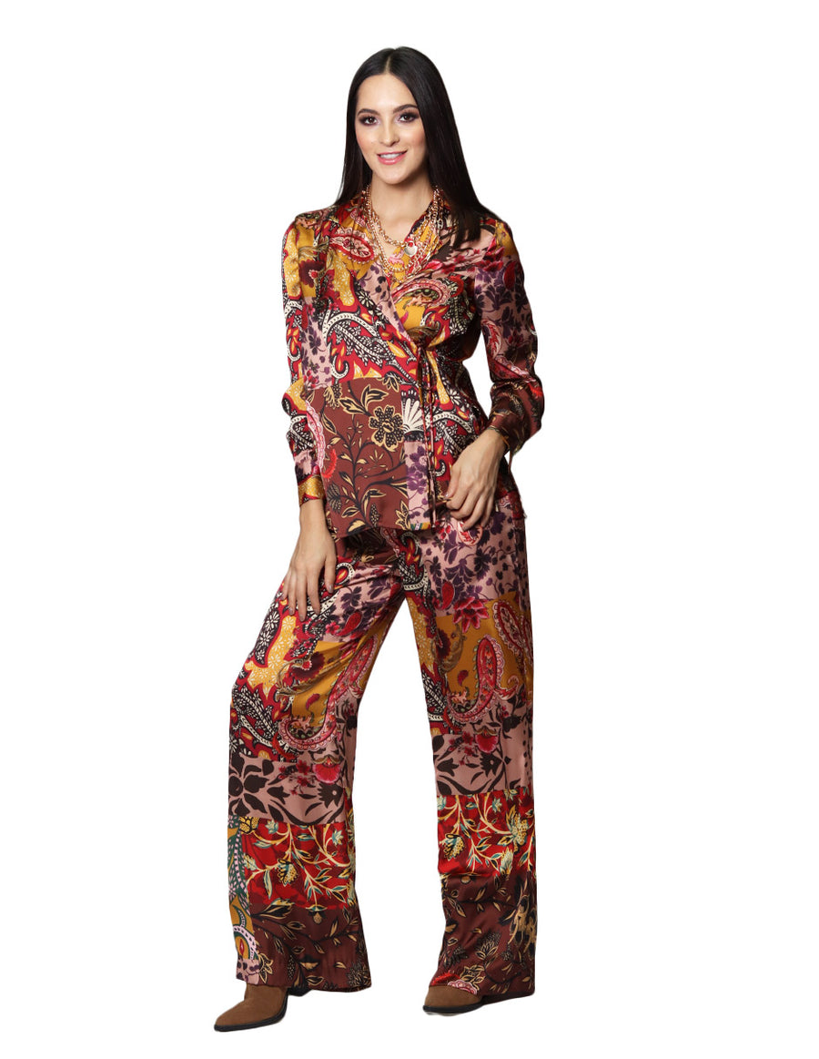 Pantalones Para Mujer Bobois Moda Casuales Satinado Amplio Pierna Ancha Estampado de Flores W33105 Café Rojo