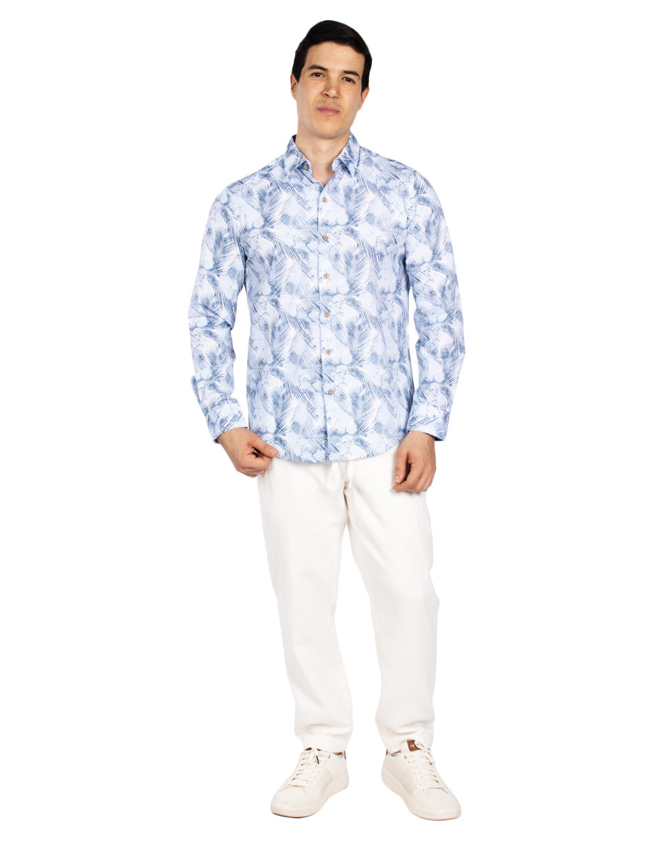 Camisas Para Hombre Estampada Tipo Lino B51327 Azul